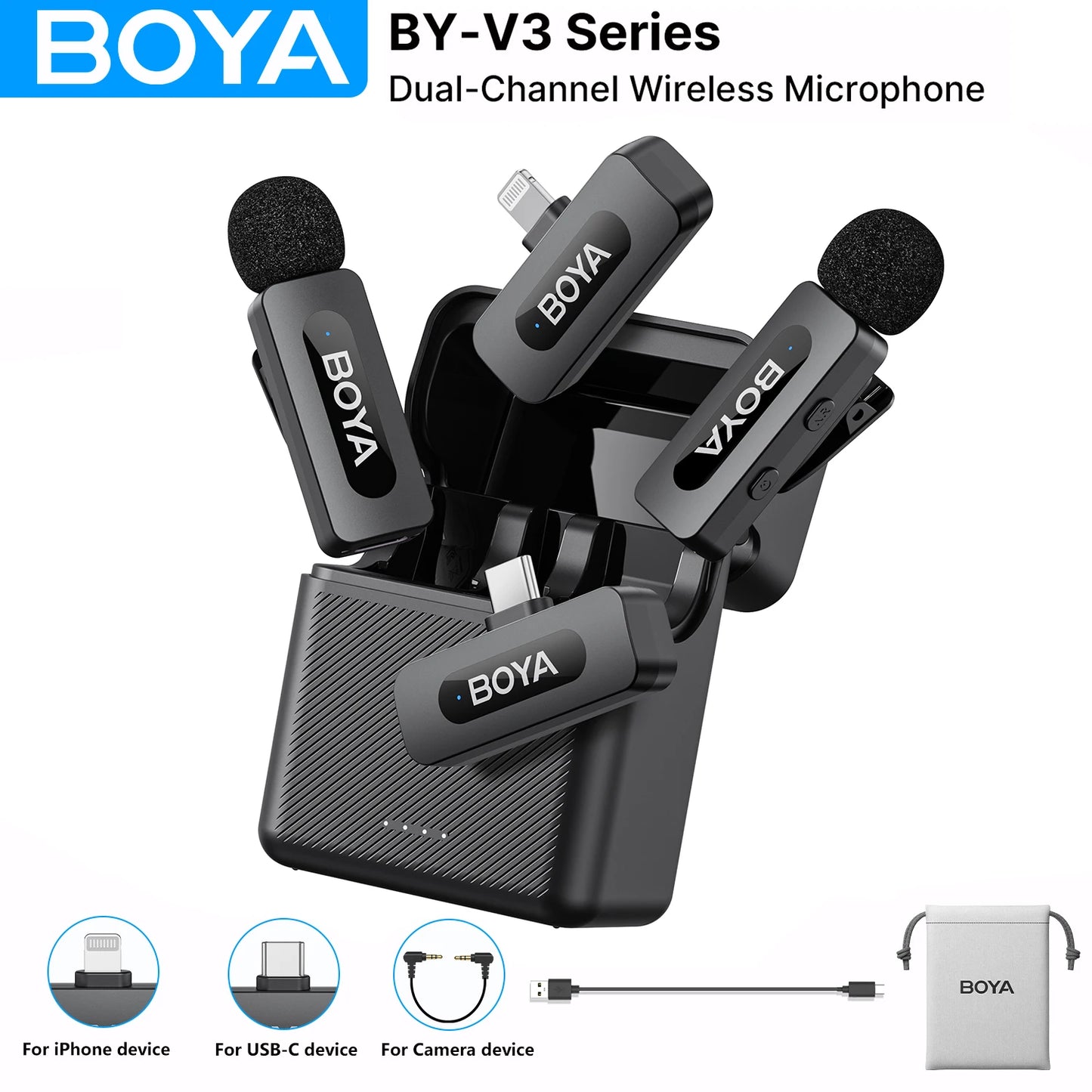 BOYA BY‑V3 2‑Kanal Wireless Lavalier-Mikrofon mit Ladeetui