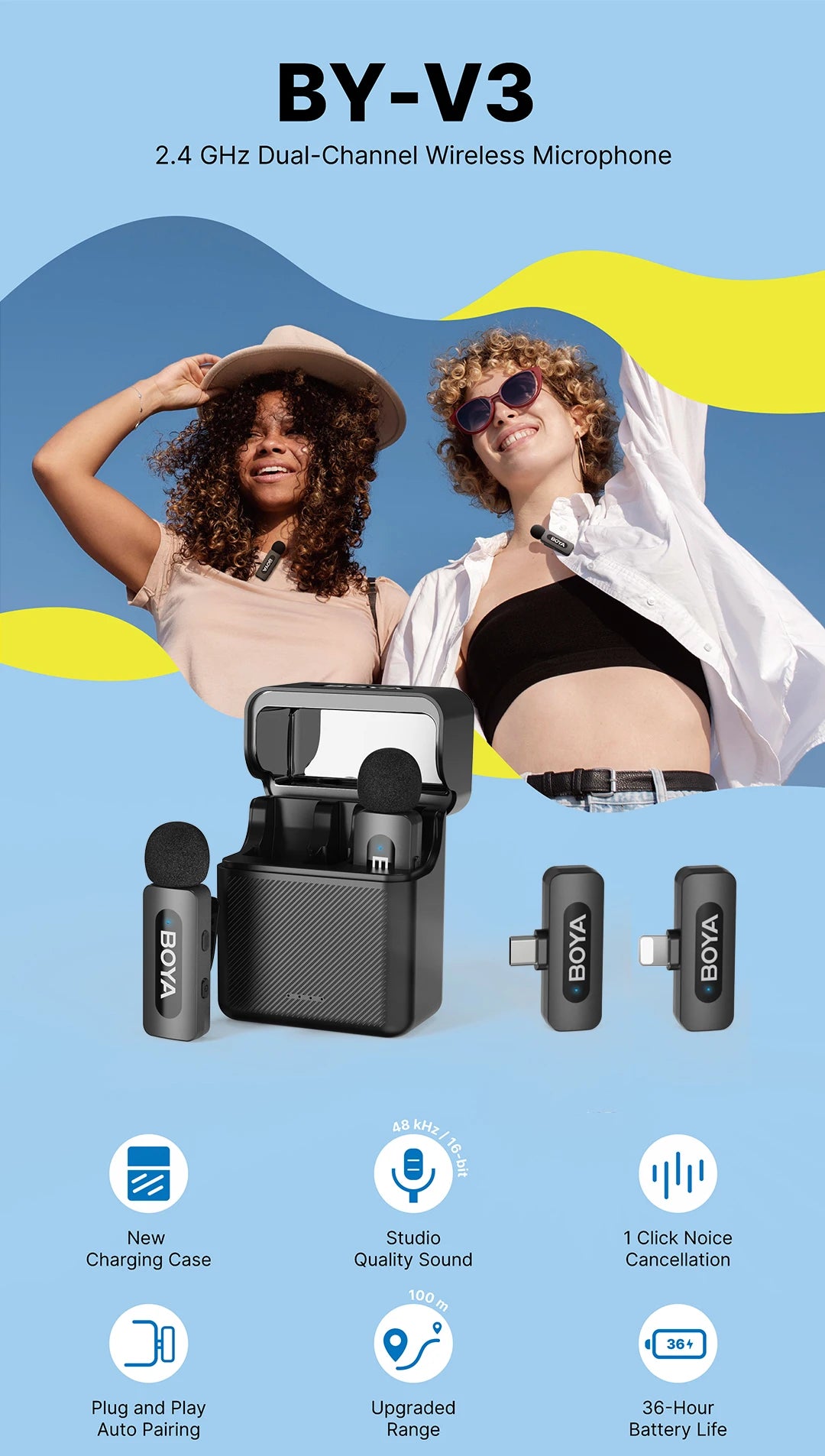 BOYA BY‑V3 2‑Kanal Wireless Lavalier-Mikrofon mit Ladeetui