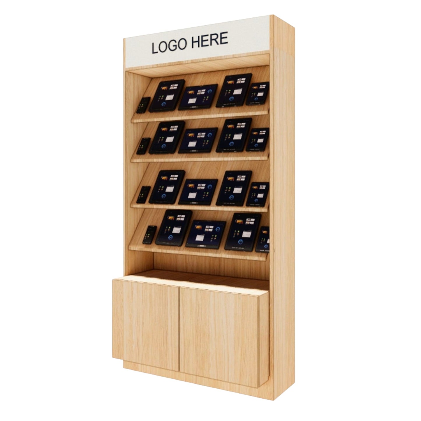 Schräges Präsentationsregal 100 cm mit Stauraum & Logo – Weiß/Holz für Tablets & Geräte