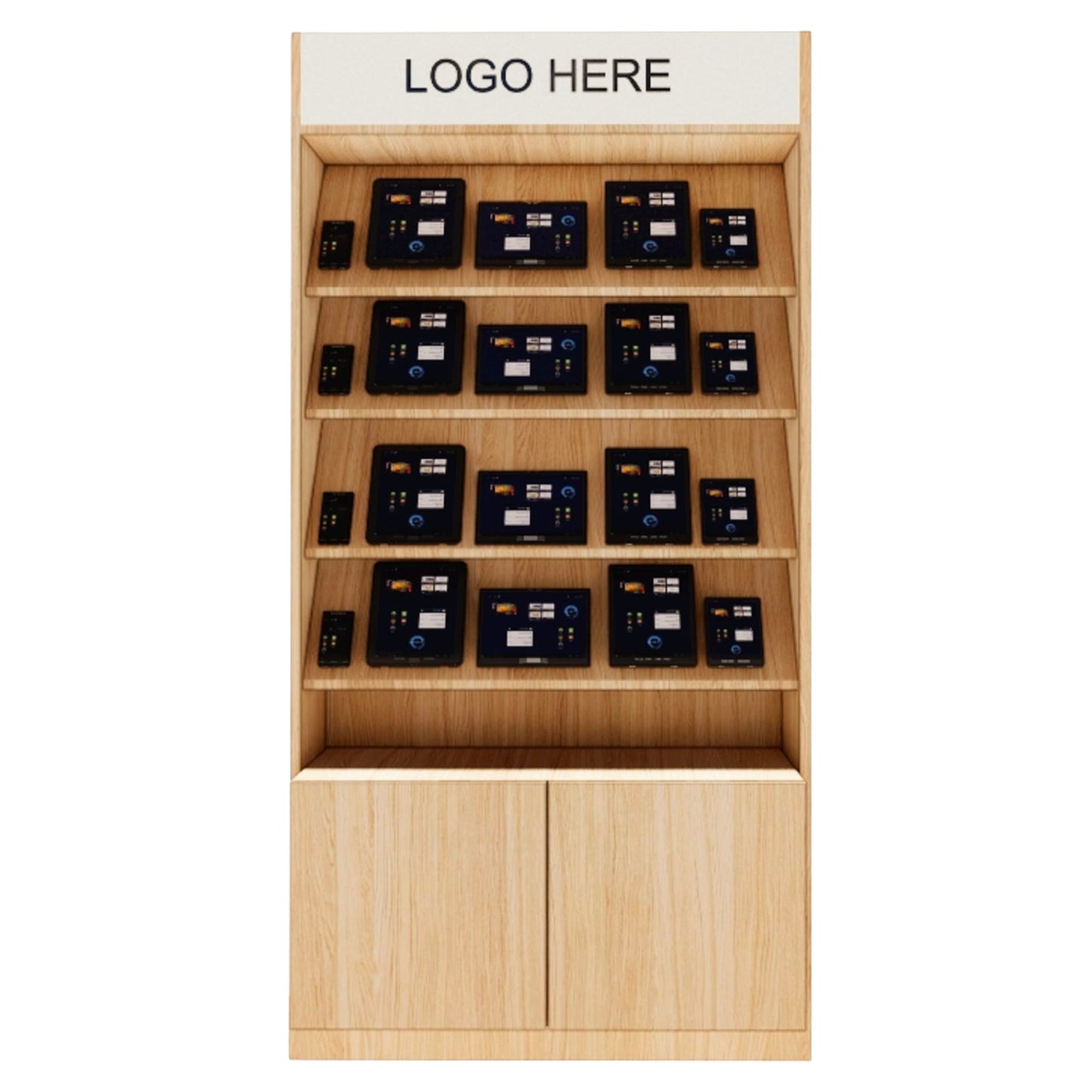 Schräges Präsentationsregal 100 cm mit Stauraum & Logo – Weiß/Holz für Tablets & Geräte