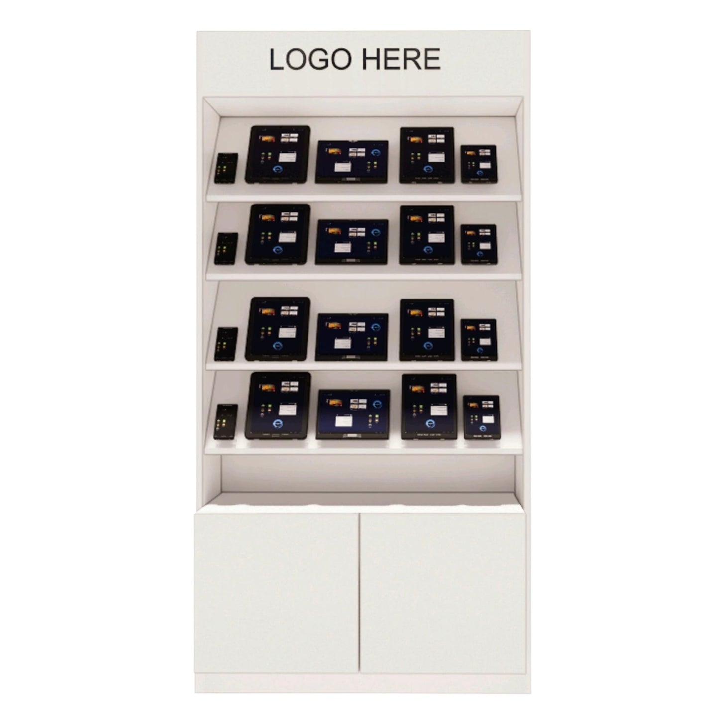 Schräges Präsentationsregal 100 cm mit Stauraum & Logo – Weiß/Holz für Tablets & Geräte