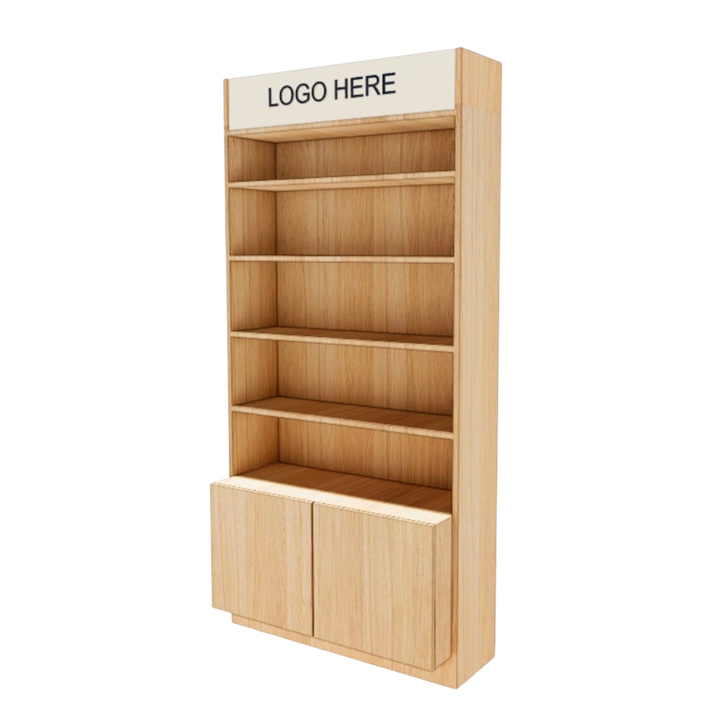 Fachregal 100 cm mit Stauraum & Logo – Weiß/Holz Präsentationsmöbel für Shops & Messen