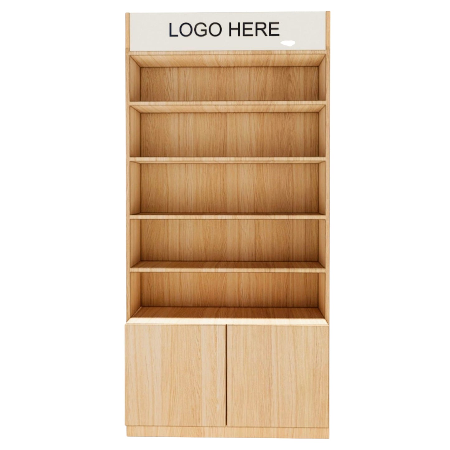 Fachregal 100 cm mit Stauraum & Logo – Weiß/Holz Präsentationsmöbel für Shops & Messen