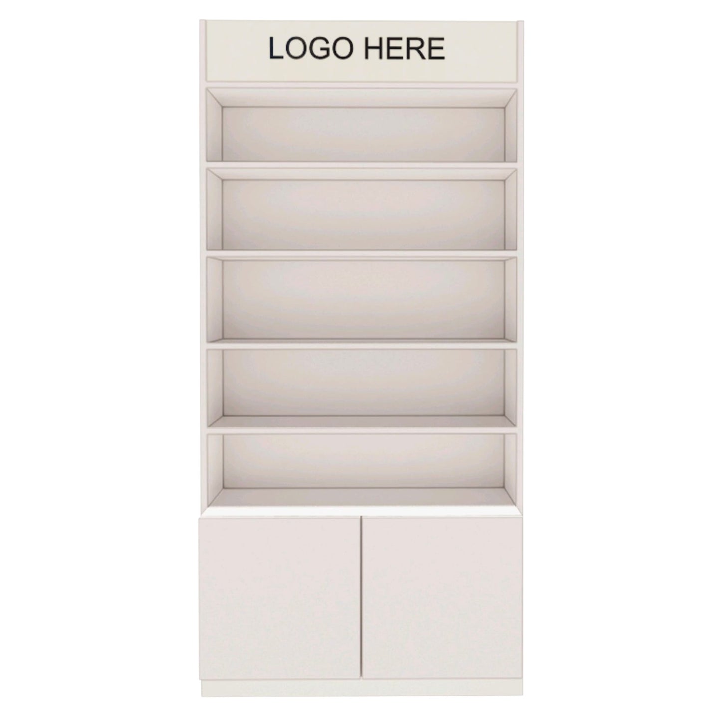 Fachregal 100 cm mit Stauraum & Logo – Weiß/Holz Präsentationsmöbel für Shops & Messen