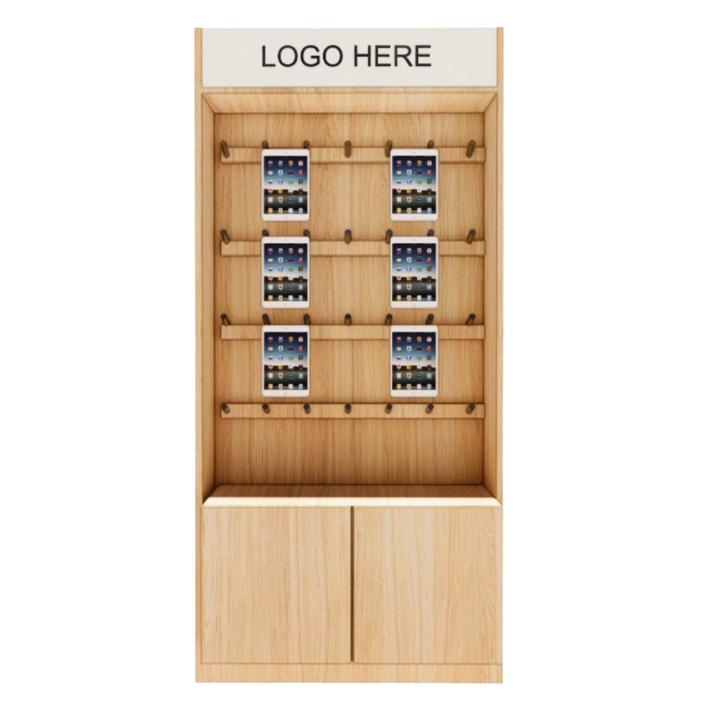 Wandregal mit Haken & CNC-Schienen – 100 cm | Holz & Weiß | Präsentationssystem für Handy, Tablets & Zubehör