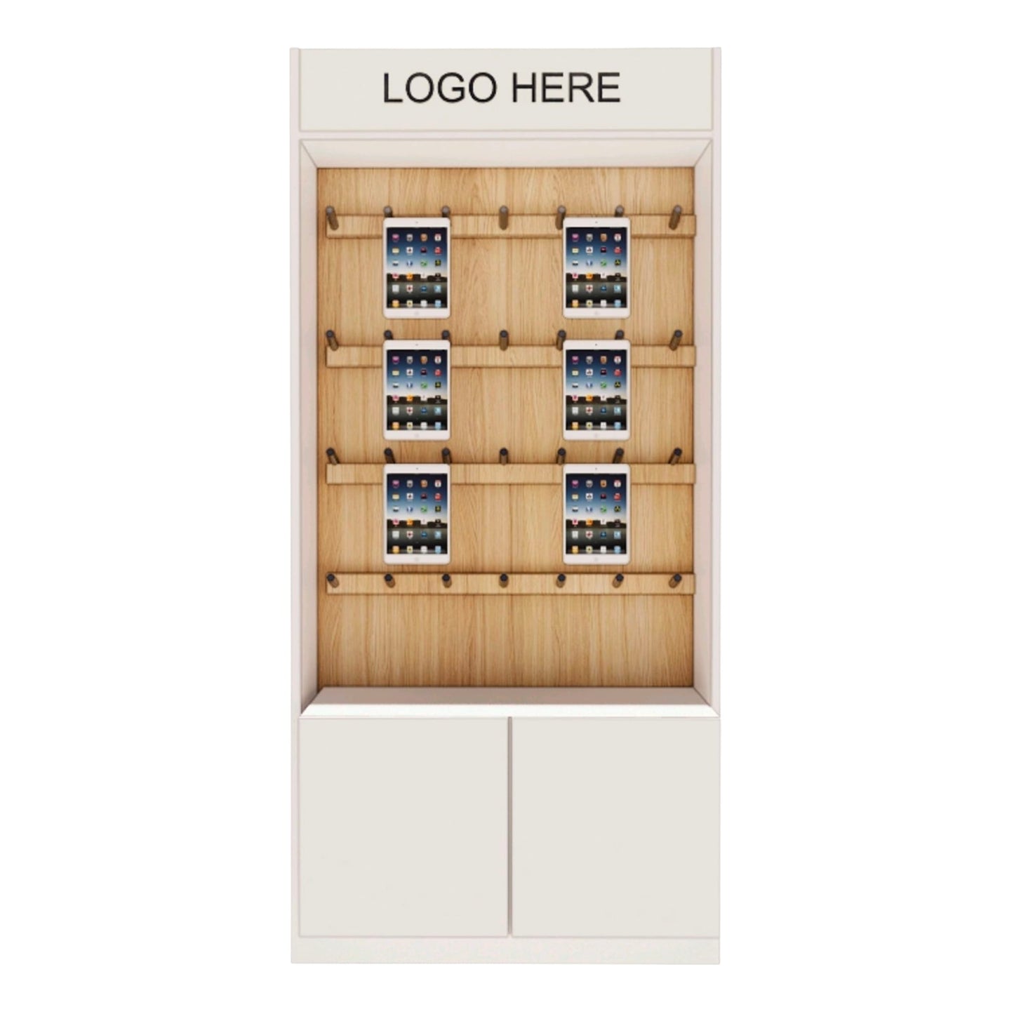 Wandregal mit Haken & CNC-Schienen – 100 cm | Holz & Weiß | Präsentationssystem für Handy, Tablets & Zubehör